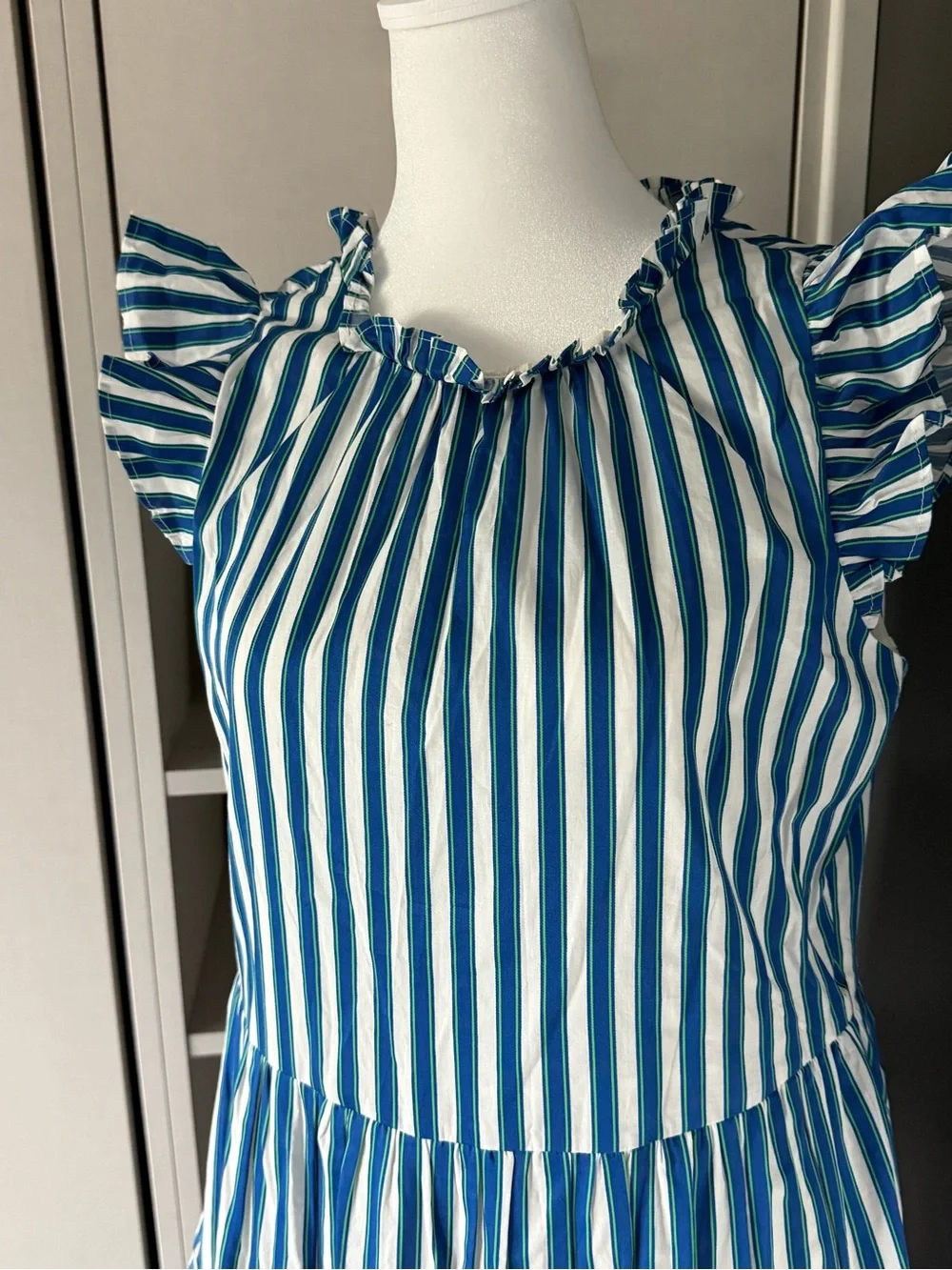 J. Crew Blue and White Striped Tiered Maxi Dress with Ruffle Sleeves